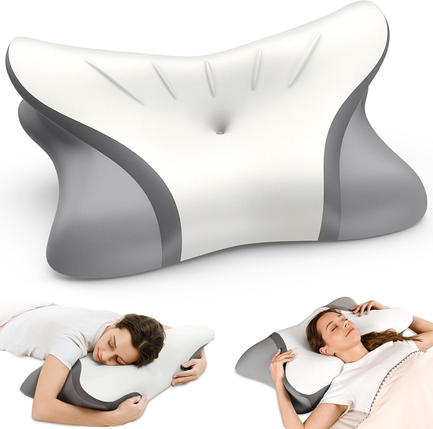 Pain Relief Cervical Neck Pillow, Ergonomic Contour | Q-Max Cooling | Non-Temperature Memory Foam | Side/Back/Stomach Sleeper Support for Sleeping, Reading, Scrolling,(White&Grey)