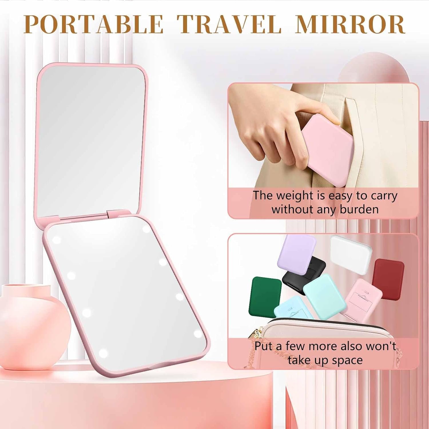 Compact Mirror with Light, 1X/3X Magnification LED Pocket Mirror for Women | Portable, Travel, Purse, Pocket, Gift, Pink, mini, small, essentials, led, fiberglass, batteries, rectangular - Image 5