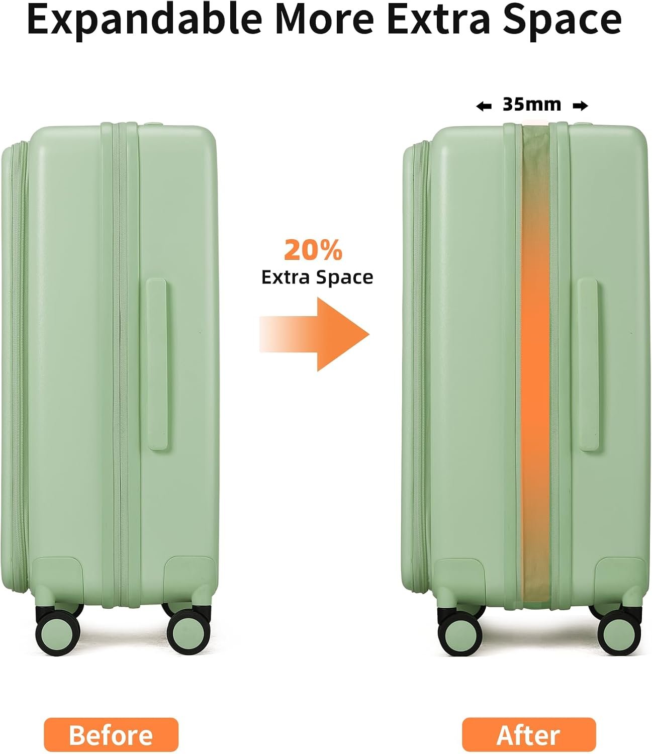 Carry On Luggage 22x14x9 Airline Approved, Expandable Front Pocket with Spinner Wheels, PC Hardside Rolling Luggage with TSA Lock for Travel Women Men, Avocado Green - Image 5