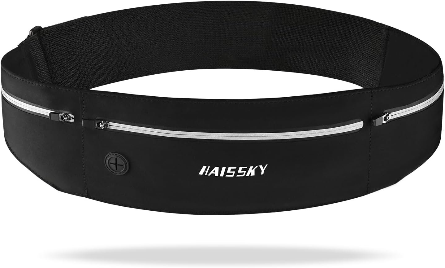 Slim Running Belt Fanny Pack for Men Women, Running Phone Holder, Waist Pack Runners Bag Money Belt with 3 Separate Zipper Pouch to Store Your Phone Key Money Safe, Waist Bag-Black
