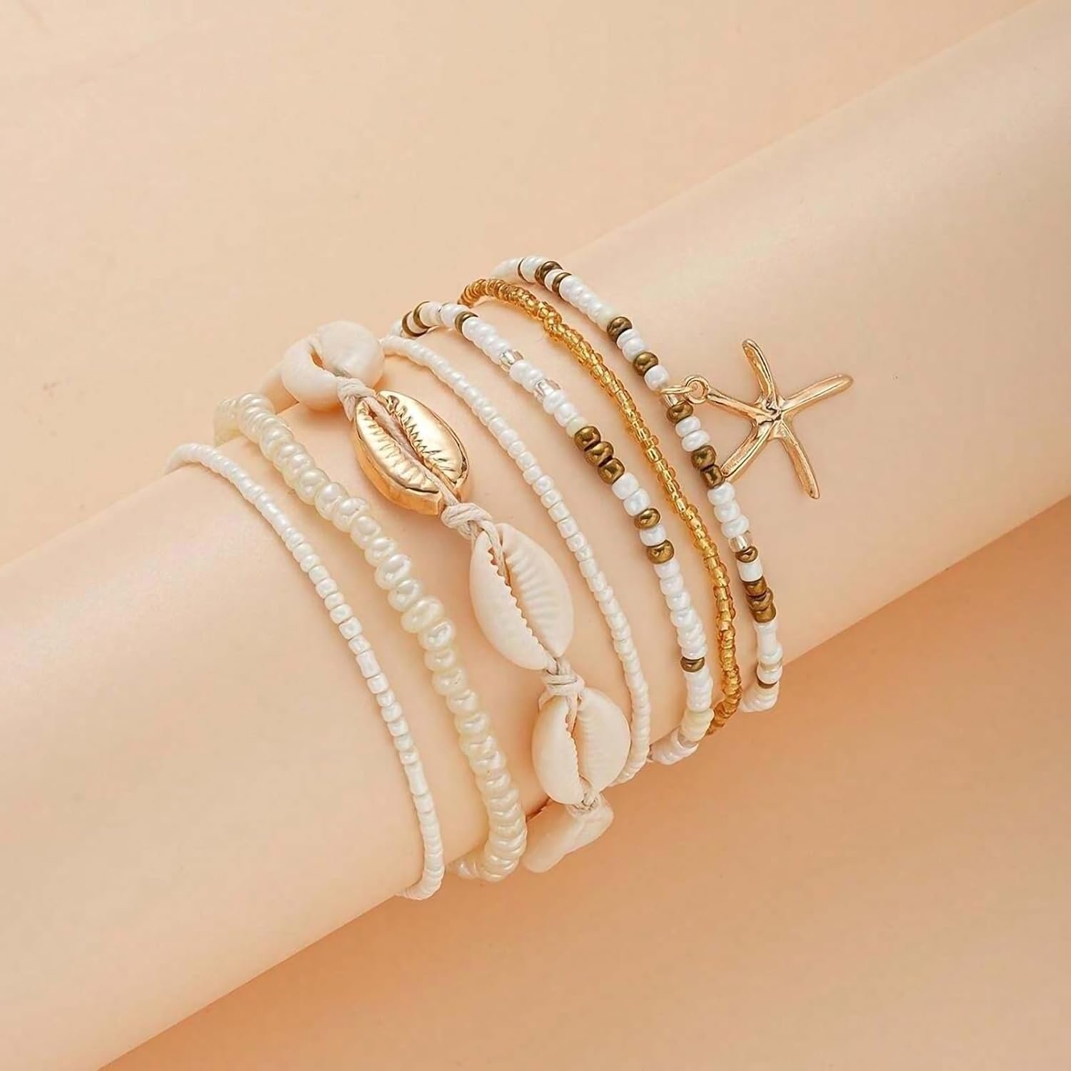Qceasiy Shell Ankle Bracelets for Women, Boho Beaded Beach Anklet Set | Seashell, Heart, Starfish and Conch Styles, Gold-Tone, Stretch or Adjustable Fit, Layered Beach Vacation Jewelry Gifts - Image 6