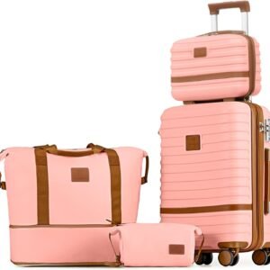 Joyway Carry On Luggage 20 Inch Expandable Suitcase with Spinner Wheel, 4 Piece Hard Shell Luggage Set with TSA Lock(Pink brown)