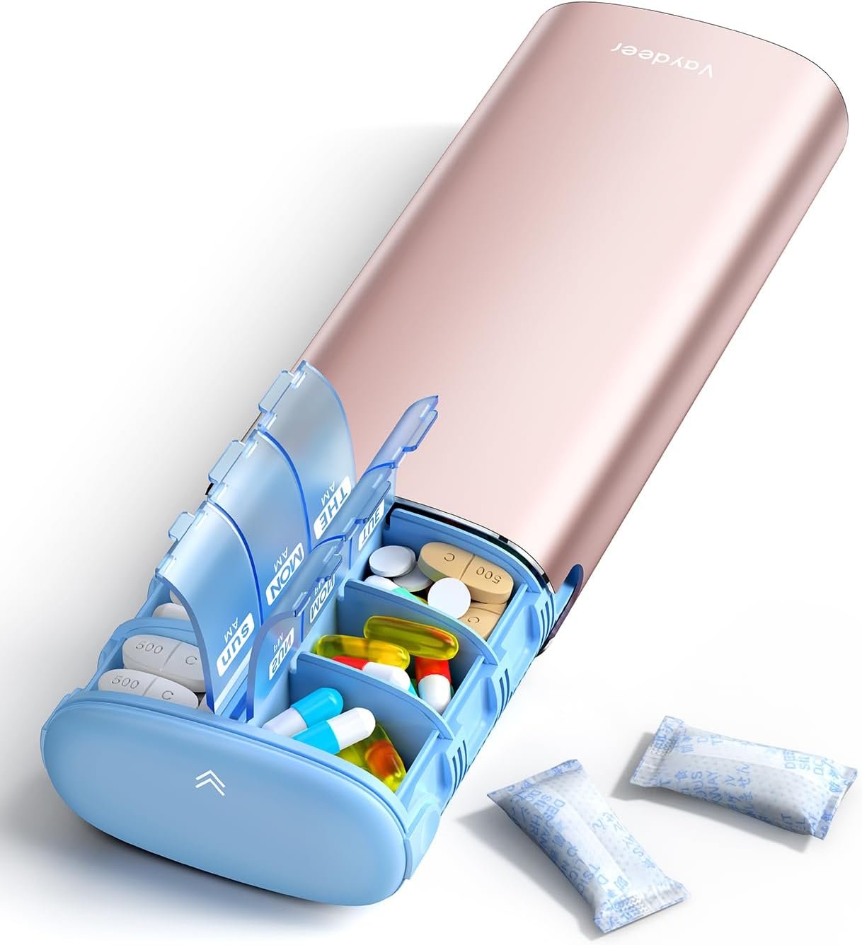 Vaydeer Metal 7 Day Travel Pill Organizer 2 Times a Day, Built-in Desiccant | AM PM weekly Travel Pill Case, Twice-Daily,Airtight Large Capacity Pill Box for Vitamins, Medication, Supplements & Fish Oil