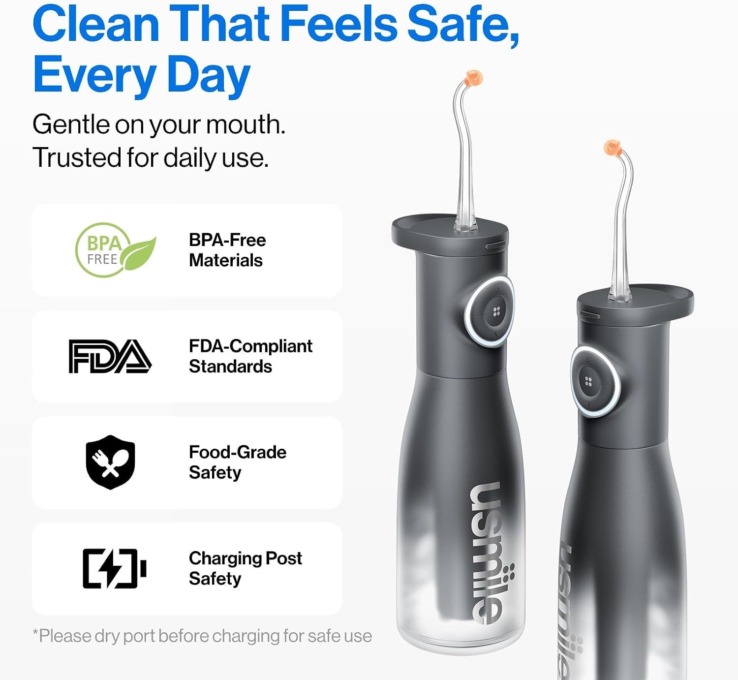 usmile C30 Cordless Water Flosser, 300ml Tank, 5 Modes, IPX7, Black | S-Shaped Nozzle, USB-C Rechargeable Portable Oral Irrigator for Braces, Sensitive Gums, Teeth Cleaner, Home & Travel - Image 5