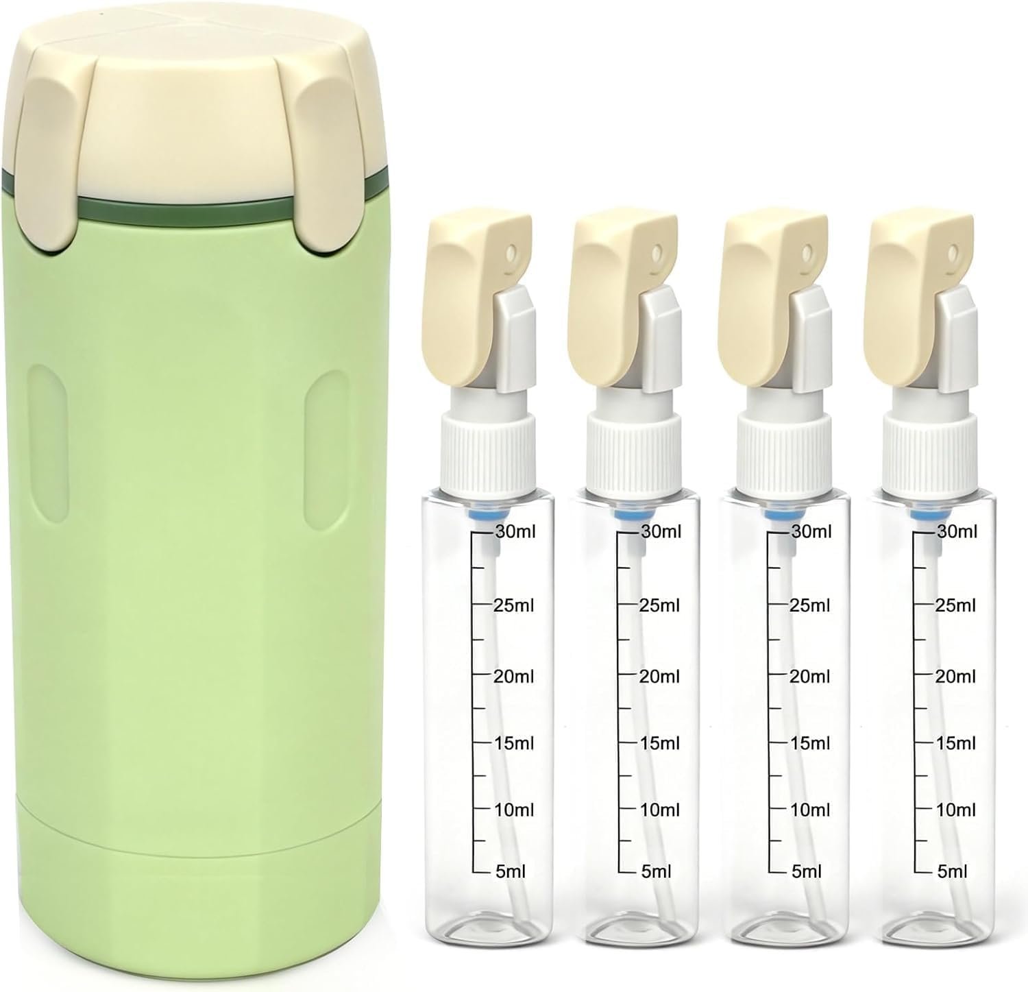 4-in-1 30ML Travel Size Dispenser Toiletries Bottles, Leak-Proof Refillable Containers Dispensers Labels Portable Toiletry Organizer Cup for Shampoo, Lotion, Soap Travel Essentials Green