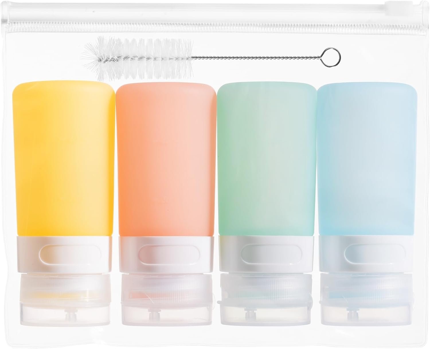 MICEBAY 2 oz Condiment Squeeze Bottles, Leakproof Salad Dressing Container | 4 Pack Silicone Salad Dressing Container to Go with Snack Storage Bag, Sauce Bottles for Lunch Box, Ketchup, Syrup, Candies