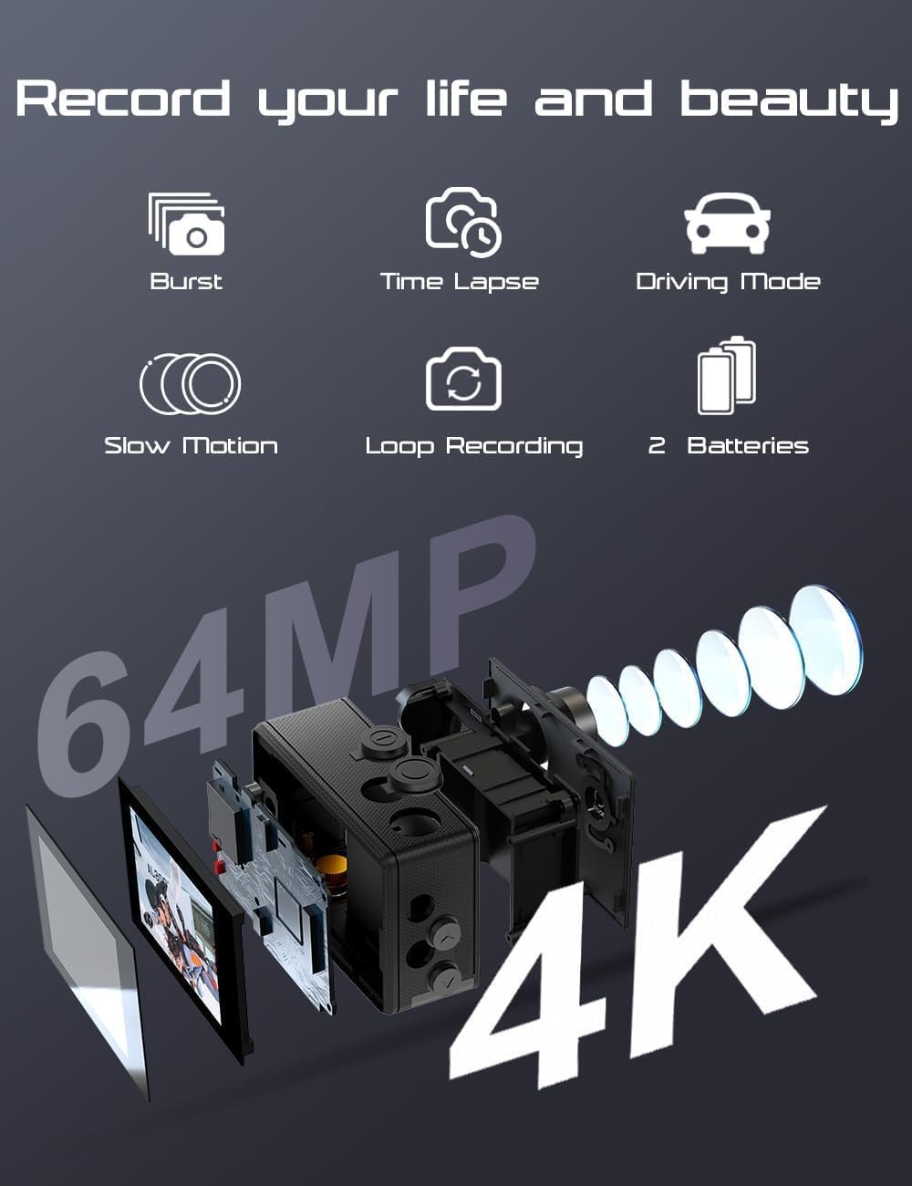 Apexcam M80 AIR 4K 60FPS 64MP EIS WiFi Action Camera Waterproof Underwater Camera 40M Sport Camera 2.0'LCD 2.4G Remote Control 2X1350mAh Batteries and Multiple accessorie - Image 2