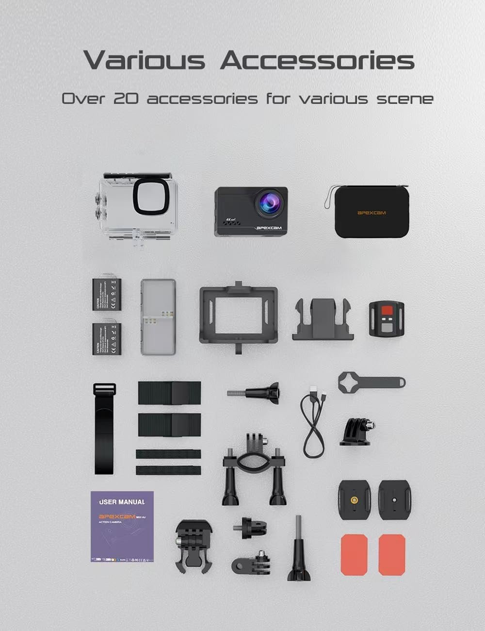 Apexcam M80 AIR 4K 60FPS 64MP EIS WiFi Action Camera Waterproof Underwater Camera 40M Sport Camera 2.0'LCD 2.4G Remote Control 2X1350mAh Batteries and Multiple accessorie - Image 7