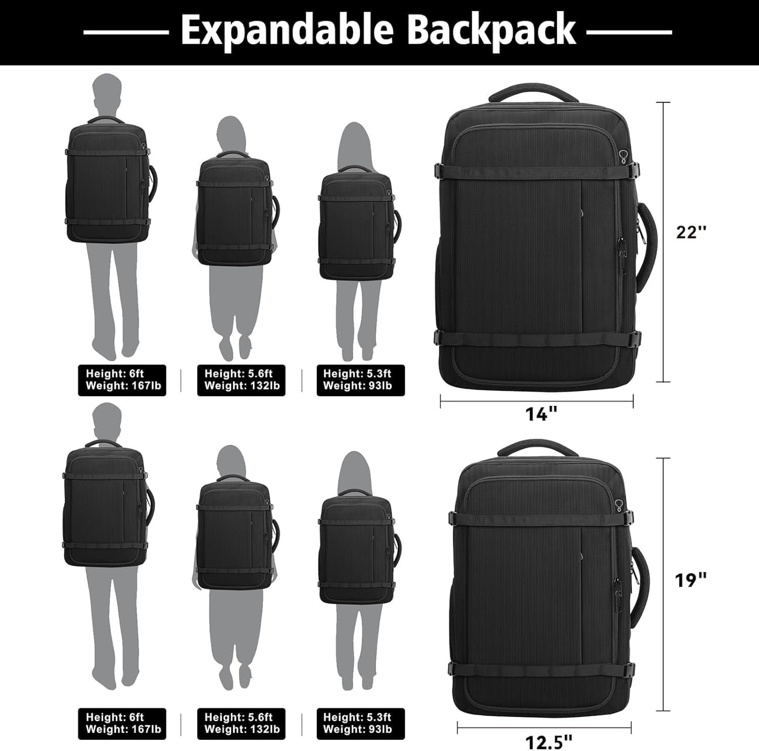 Travel Backpack with LifetimeWarranty,Expandable Carry on Backpack,Black | Expands 35L to 45L,Fits 17.3"Laptop Notebook,Water Resistant Weekender Backpack Business Trips Cable Access Port,Daily Travel - Image 4