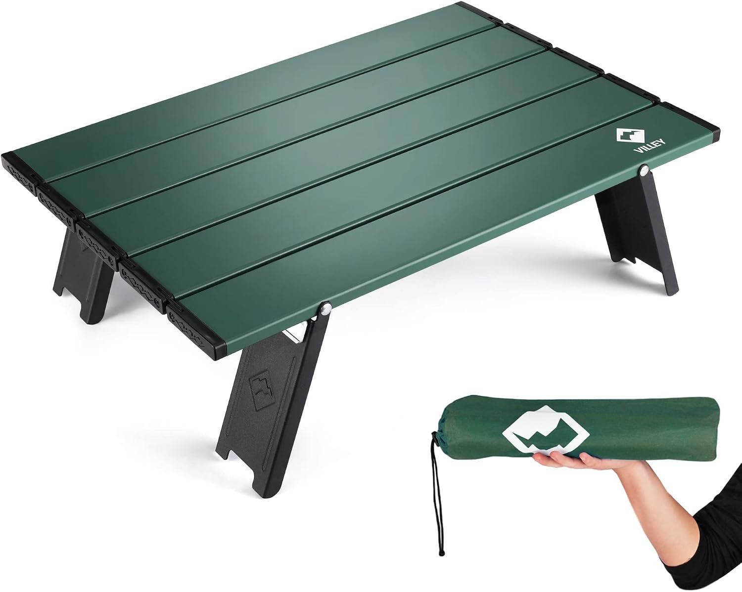 VILLEY Portable Mini Folding Beach Table, Ultralight Aluminum Side Table | Lightweight Aluminum Side Table with Carry Bag for Beach, Camping, Picnics, Hiking, Fishing & Travel, Green