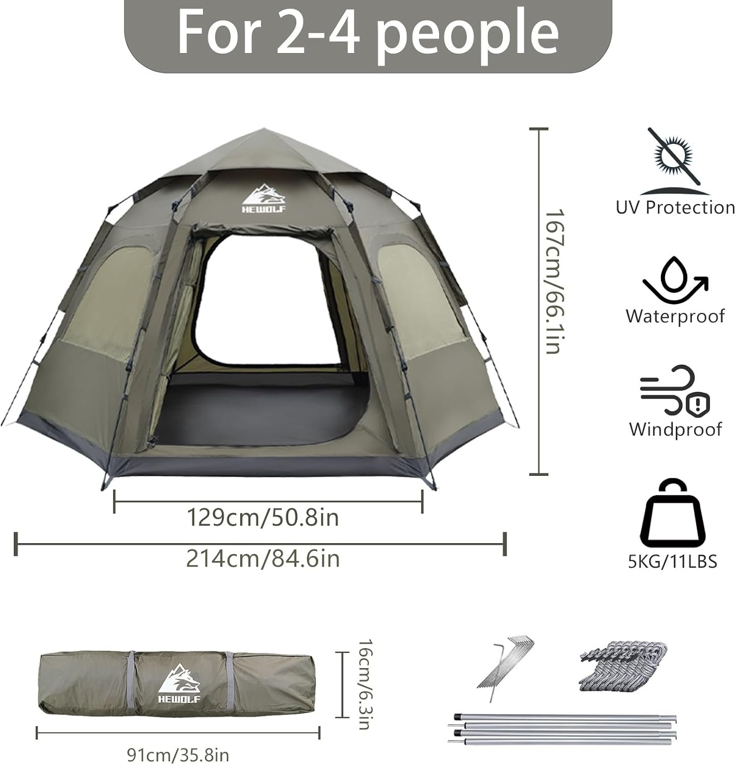 Hewolf 2/3/4 Person Camping Tent - Instant Pop Up Waterproof 2 Doors Tent with Easy Setup | 3-Season Hexagonal Dome Design for Family, Hiking & Traveling - Image 3