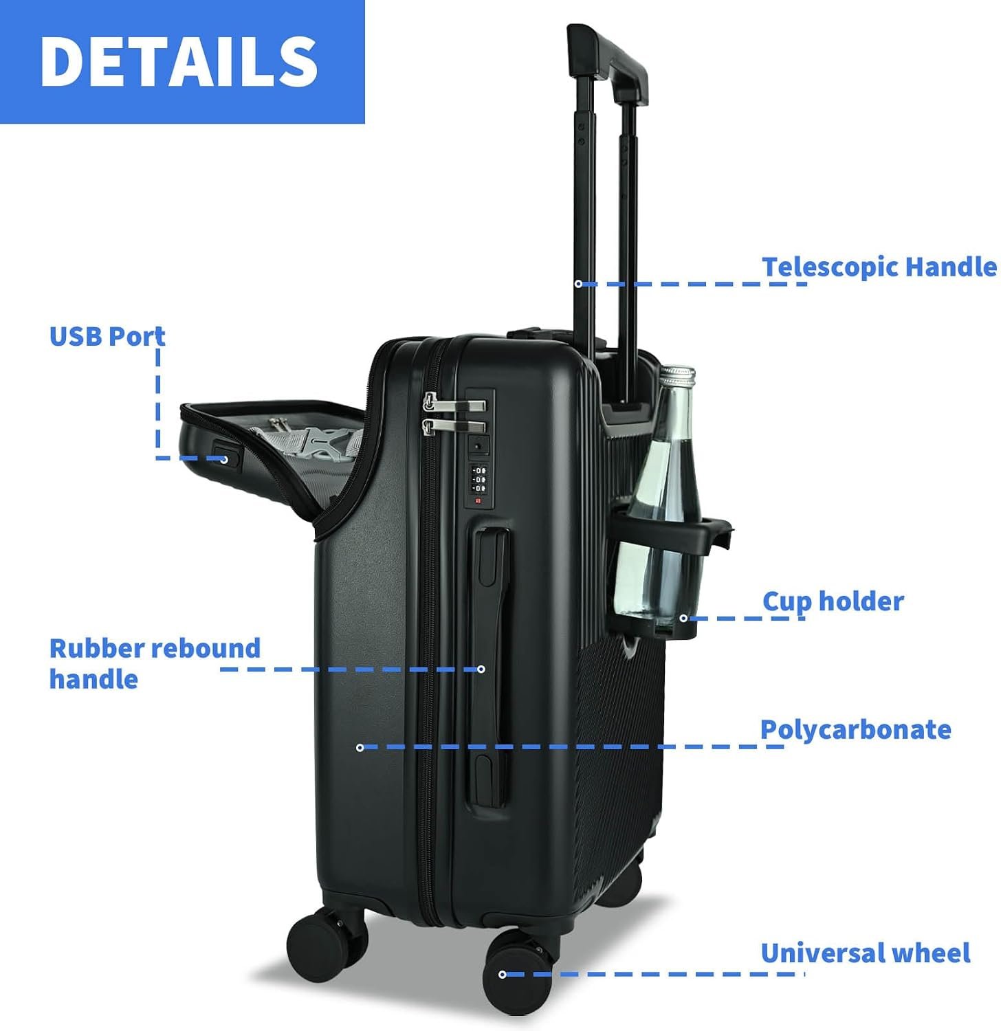 Carry on Luggage Airline Approved, Carry-on Luggage for The Business Trip with Front Pocket, 20 inch Hardshell PC Carry on Suitcases with Wheels, Combination Lock, Cup Holder and USB Port - Image 8