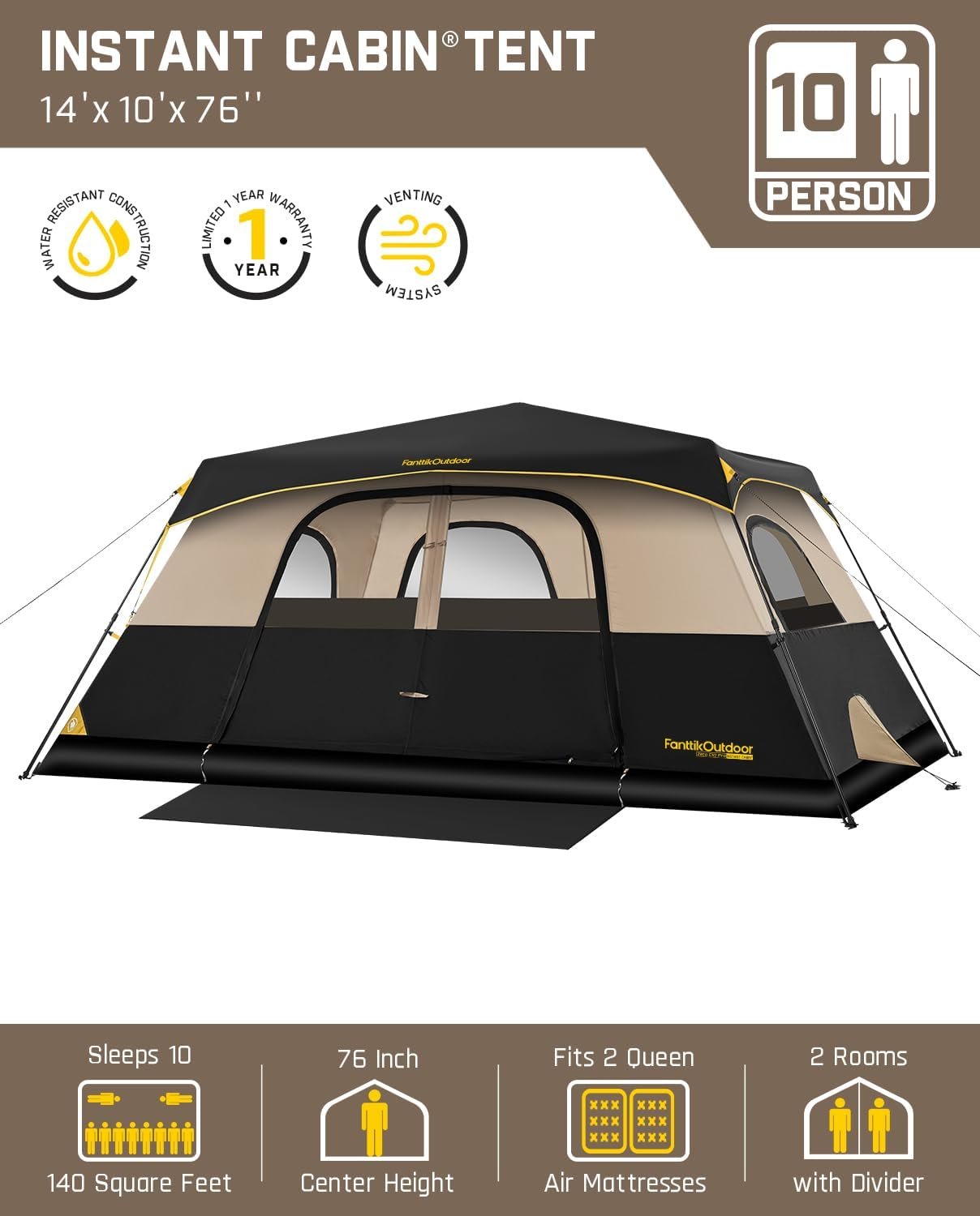 FanttikOutdoor 4/6/8/10 Person Instant Tent for Camping Setup in 60s | Camping Tent with Rainfly & Windproof, Portable Instant Cabin Tent with Carry Bag for Family Camping & Hiking - Image 2