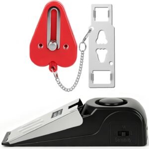 Portable Door Lock & Door Stop Alarm Set, Dual Protection Home Security Door Kit, Travel Hotel Lock Devices Pocket Self Defensey Tools for Traveling Hotel Home Apartment,Red