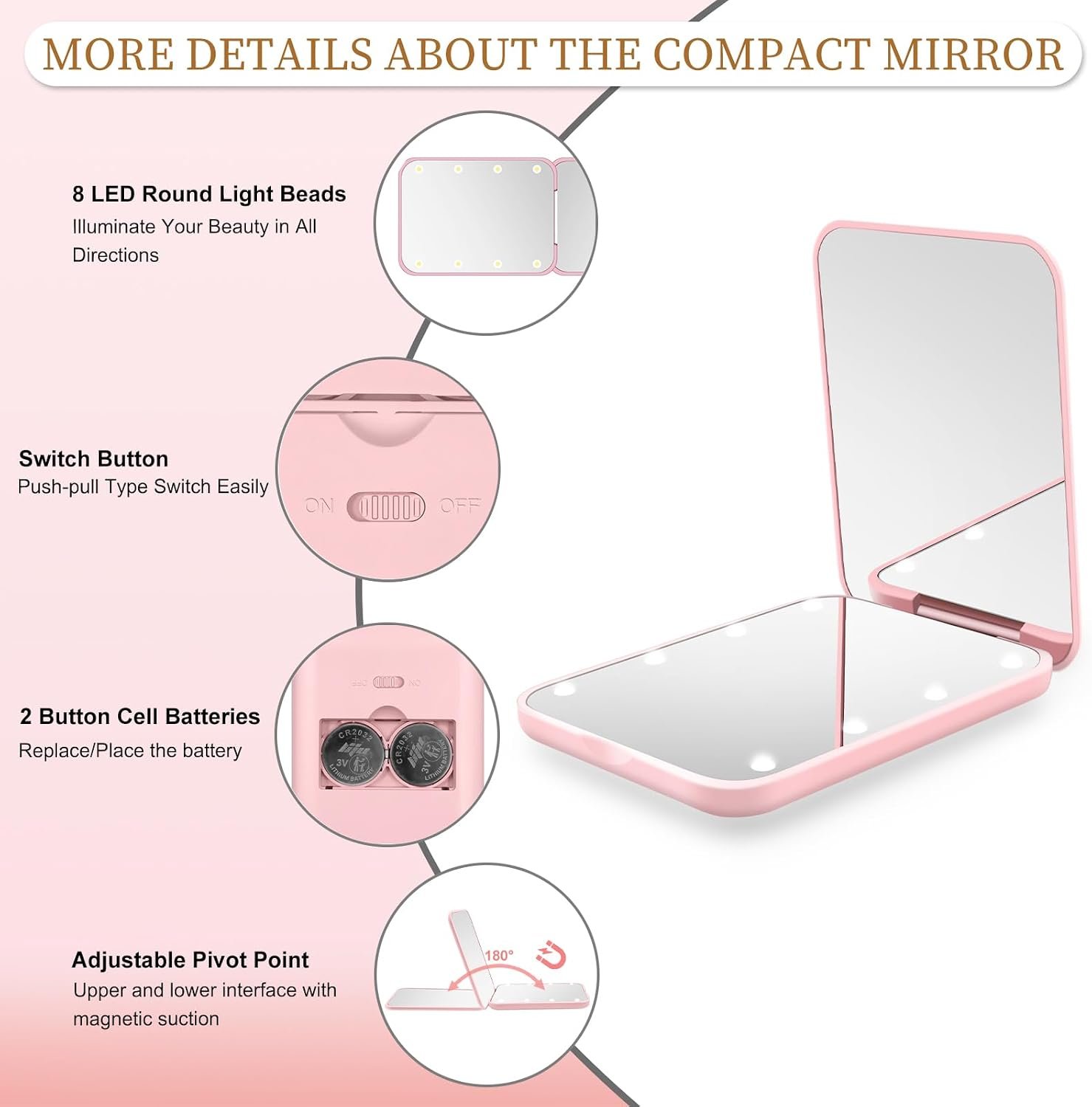 Compact Mirror with Light, 1X/3X Magnification LED Pocket Mirror for Women | Portable, Travel, Purse, Pocket, Gift, Pink, mini, small, essentials, led, fiberglass, batteries, rectangular - Image 3