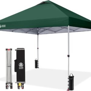 CROWN SHADES 10x10 Pop Up Canopy Tent with One Push Setup, Forest Green | Patented CenterLok, Easy Outdoor Sun Shade for Events, Parties, Camping - Gazebo with STO-N-Go Cover Bag, Silver-Coated Top