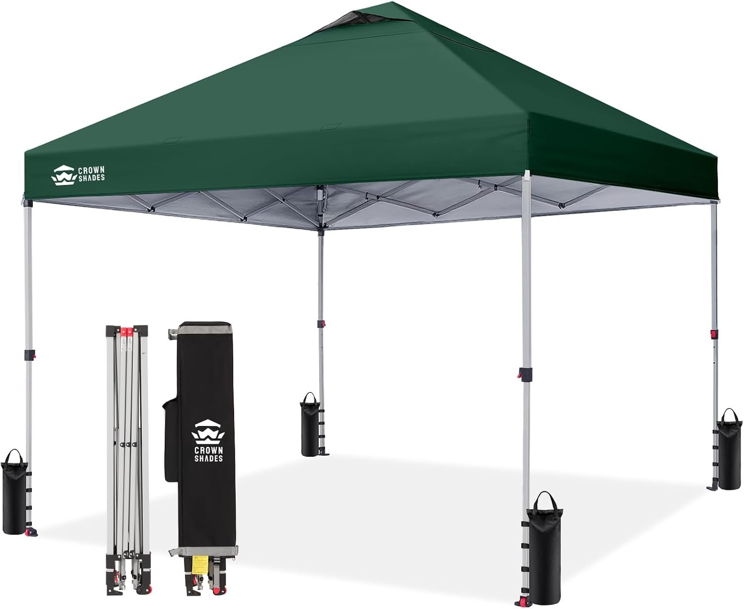 CROWN SHADES 10x10 Pop Up Canopy Tent with One Push Setup, Forest Green | Patented CenterLok, Easy Outdoor Sun Shade for Events, Parties, Camping - Gazebo with STO-N-Go Cover Bag, Silver-Coated Top