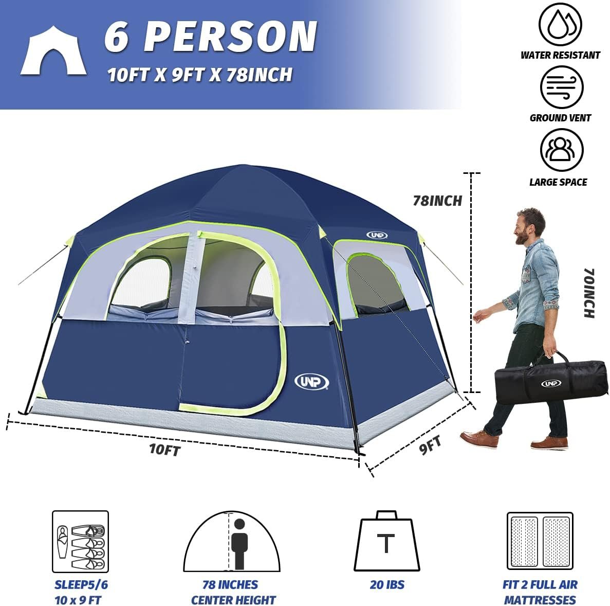 UNP 6 Person Tents for Camping Waterproof Family Cabin Tent with Rainfly | Easy Setup Windproof Double Layer Camping Tent with 1 Mesh Door & 5 Large Mesh Windows 10'X9'X78in(H) - Image 2