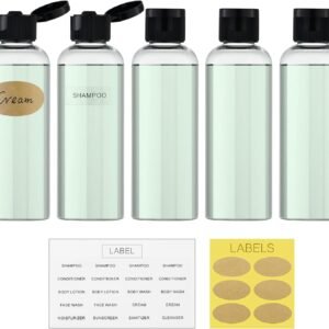 LISAPACK 3.4 oz Travel Bottles for Toiletries, Plastic Shampoo Containers | 5pcs small size dispenser, clear squeeze tubes, leak proof, small empty for liquid, lotion, conditioner, soap, 100 ml, TSA