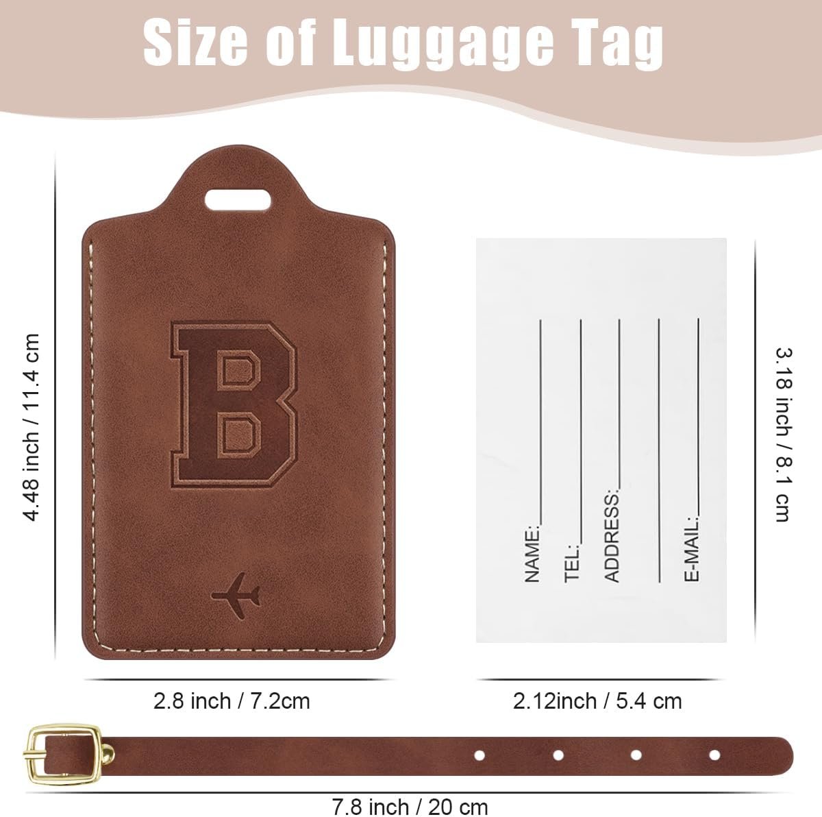 Luggage Tags for Suitcase Personalized Initial Leather Bag Tags | Embossed Travel Tags, 3 Info Cards, Privacy, Travel Essentials, Monogrammed Letter, Backpack Tags, Women and Men, Brown B - Image 2