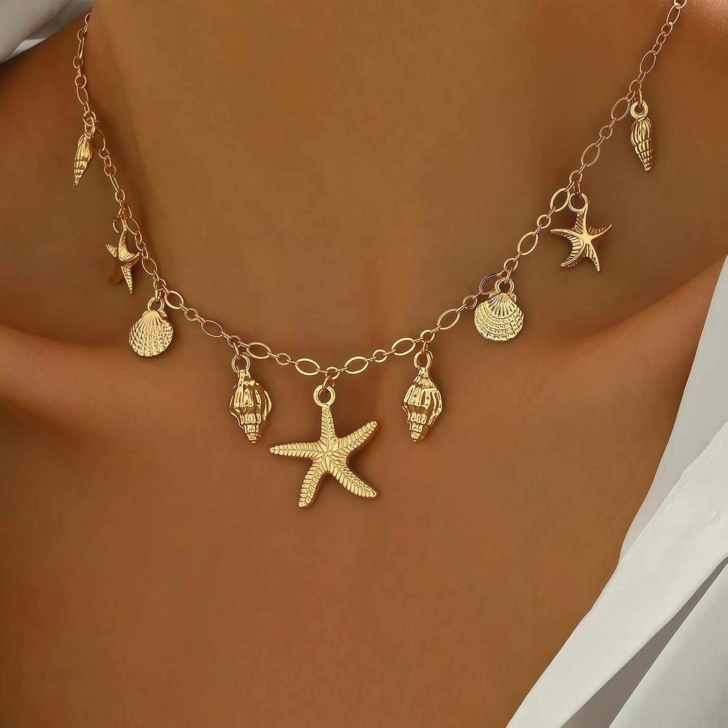 Nackiy Shell Starfish Necklace for Women, Boho Beach Vacation Jewelry | Gold Plated Layered Charm Necklace, Boho Bead Strands, Adjustable Fit, Pearl Shell Starfish Charms, Summer Jewelry Gift - Image 3