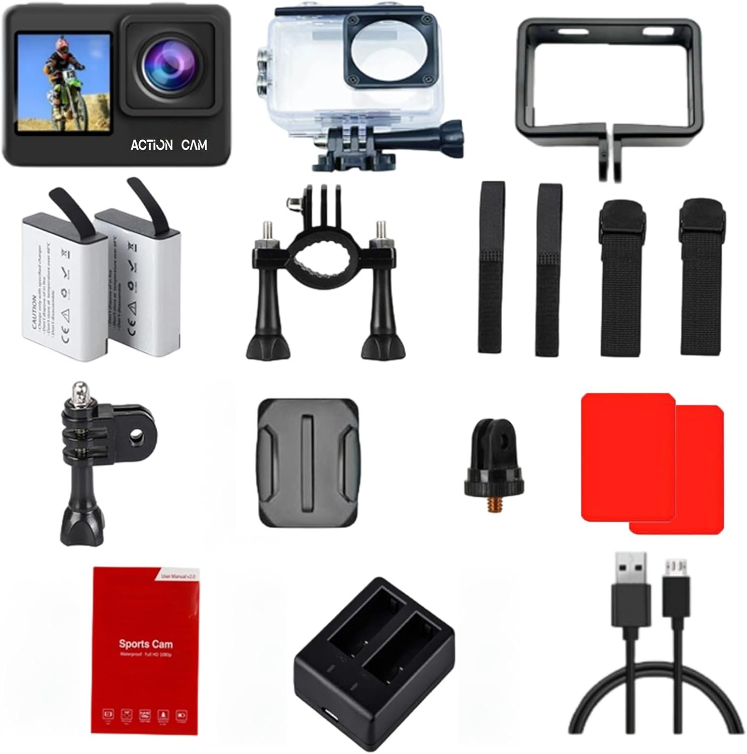 Dual Screen Action Camera, 1080P 16MP Waterproof Camera, Black | 40M Underwater Camera, with 2x1050mAh Batteries, 16GB Card & Full Accessories for Helmet, Bicycle,etc. - Image 8
