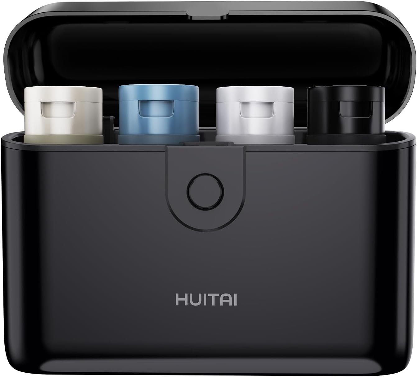 Travel Bottles TSA 4x2oz With Case Leak-Proof Black | Durable ABS hard case, press-to-unlock, 4 individual compartments, wide-mouth bottles for easy fill, leak-proof seals