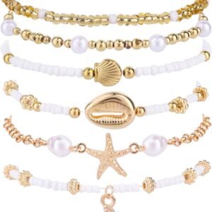 Mikovivi 7pcs Summer Beach Bracelets for Women, Stackable Shell Seashell Starfish Beaded Surfer Bracelets Set Boho Seaside Holiday Vacation Party Friendship Jewelry Gift