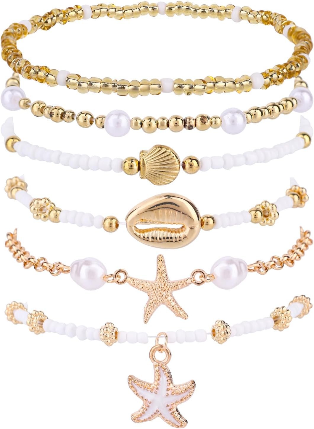 Mikovivi 7pcs Summer Beach Bracelets for Women, Stackable Shell Seashell Starfish Beaded Surfer Bracelets Set Boho Seaside Holiday Vacation Party Friendship Jewelry Gift