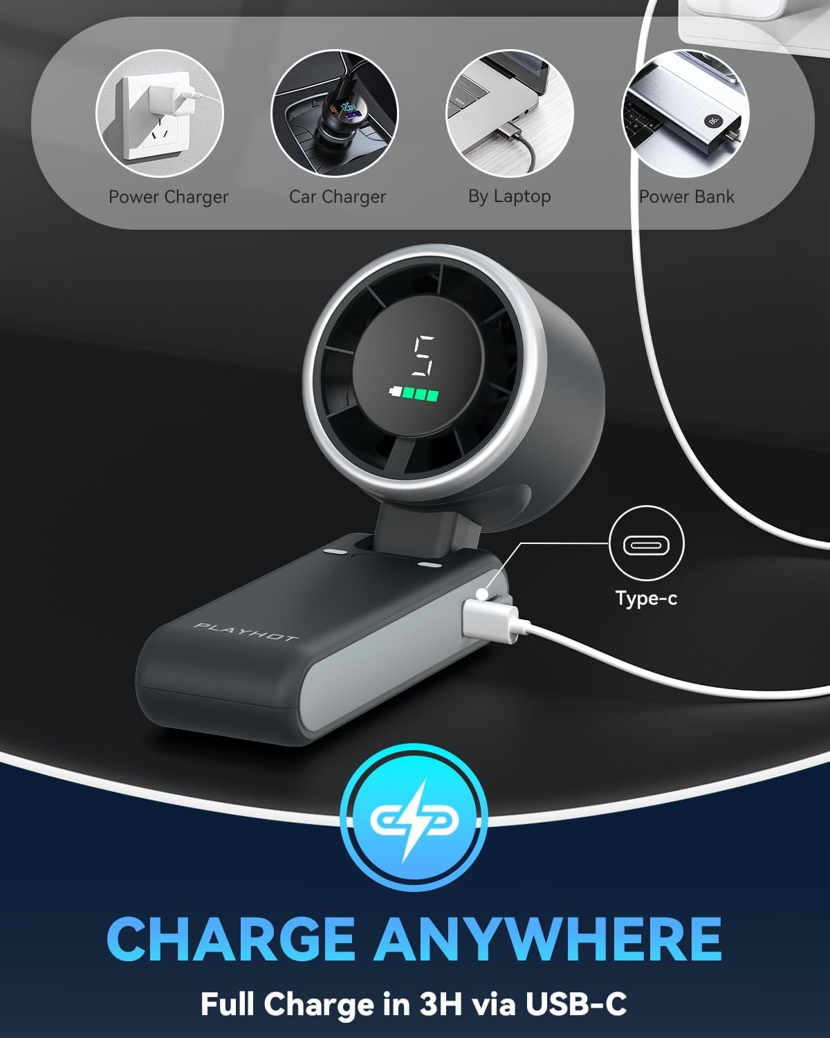 PlayHot Portable Handheld Turbo Fan, Travel Essentials, Gifts for Women/Men | 5-Speed, Up to 12H, 10m/s Airflow, USB-C Rechargeable, LED Display, 3-in-1 Foldable Personal Fan for Cruise, Beach, Vacation - Image 7