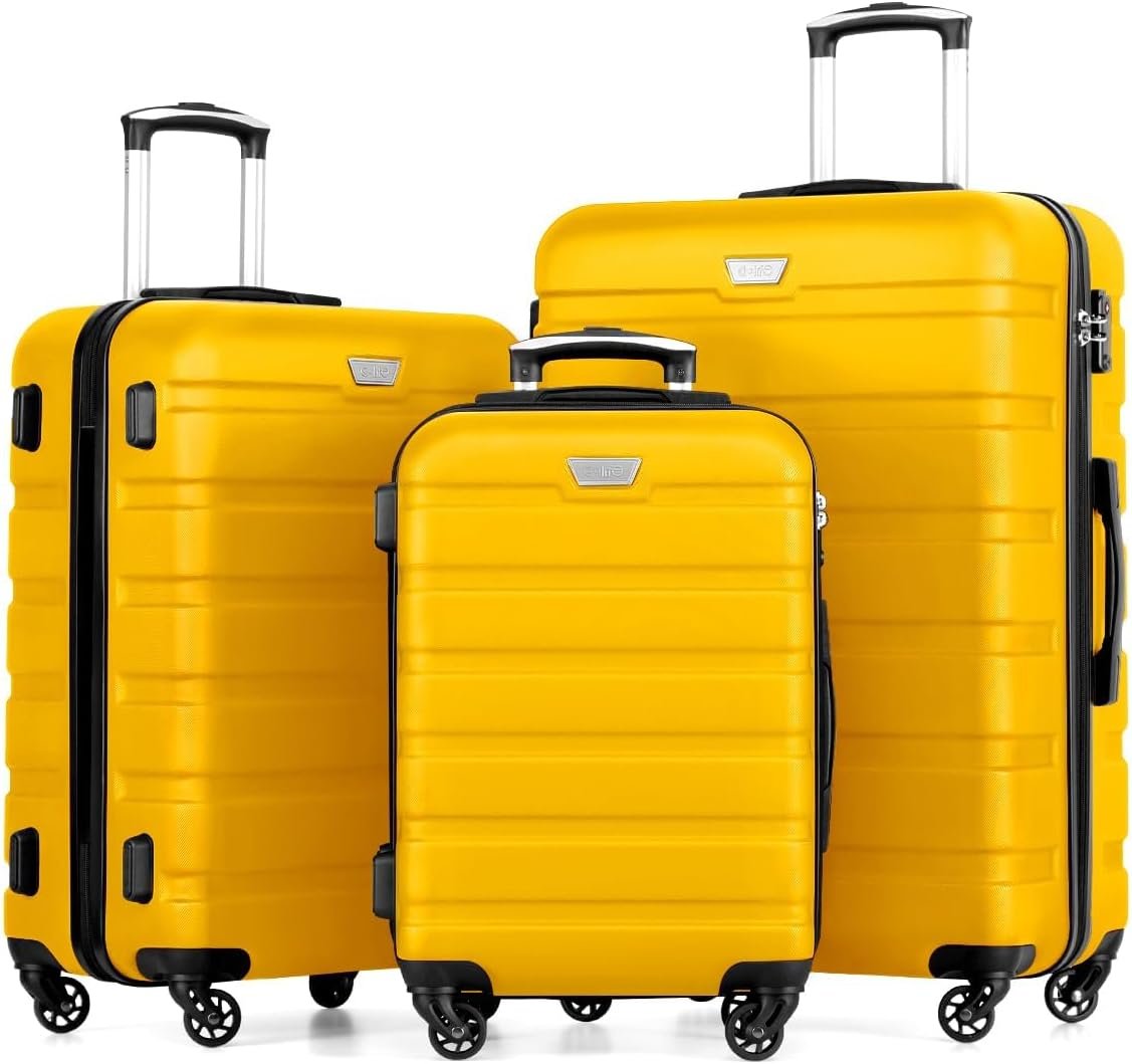 Coolife Luggage Set, Lightweight Durable Hardshell, 3 piece, Yellow | suitcase set with 360° Spinner Wheels, TSA-approved Lock, Checked Family Travel, 20/24/28 Inch