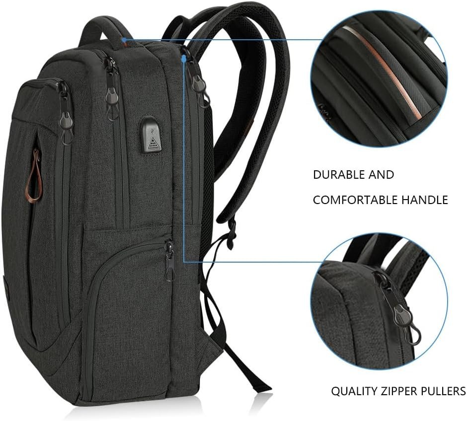 KROSER Laptop Backpack Computer Backpack 17.3 Inch for Men-Charcoal Black | Laptop with USB Charging Port Water-Repellent Travel Large Backpack Casual Daypack Business/College/Women - Image 4