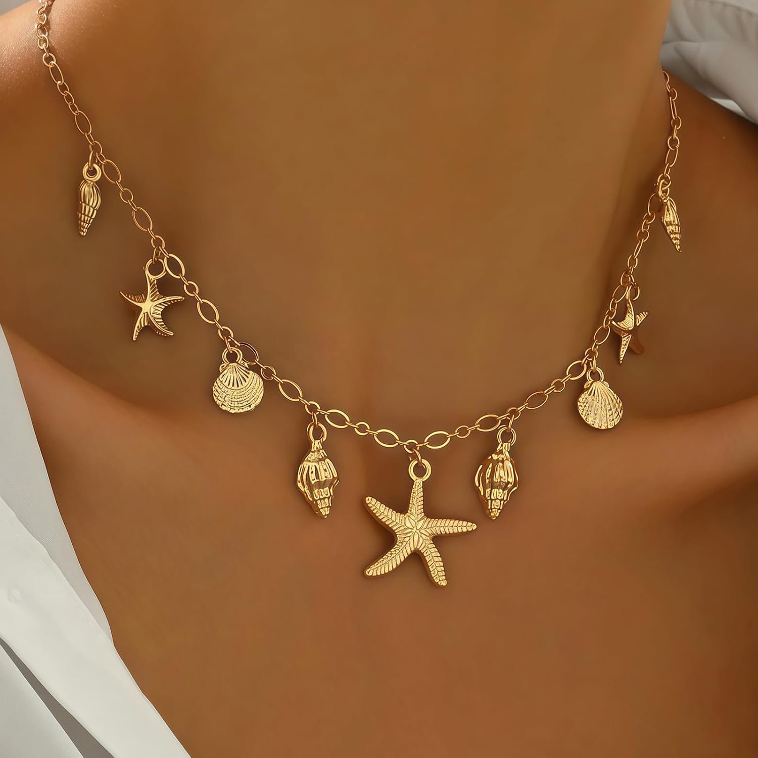 Nackiy Shell Starfish Necklace for Women, Boho Beach Vacation Jewelry | Gold Plated Layered Charm Necklace, Boho Bead Strands, Adjustable Fit, Pearl Shell Starfish Charms, Summer Jewelry Gift - Image 4