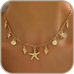 Nackiy Shell Starfish Necklace for Women, Boho Beach Vacation Jewelry | Gold Plated Layered Charm Necklace, Boho Bead Strands, Adjustable Fit, Pearl Shell Starfish Charms, Summer Jewelry Gift