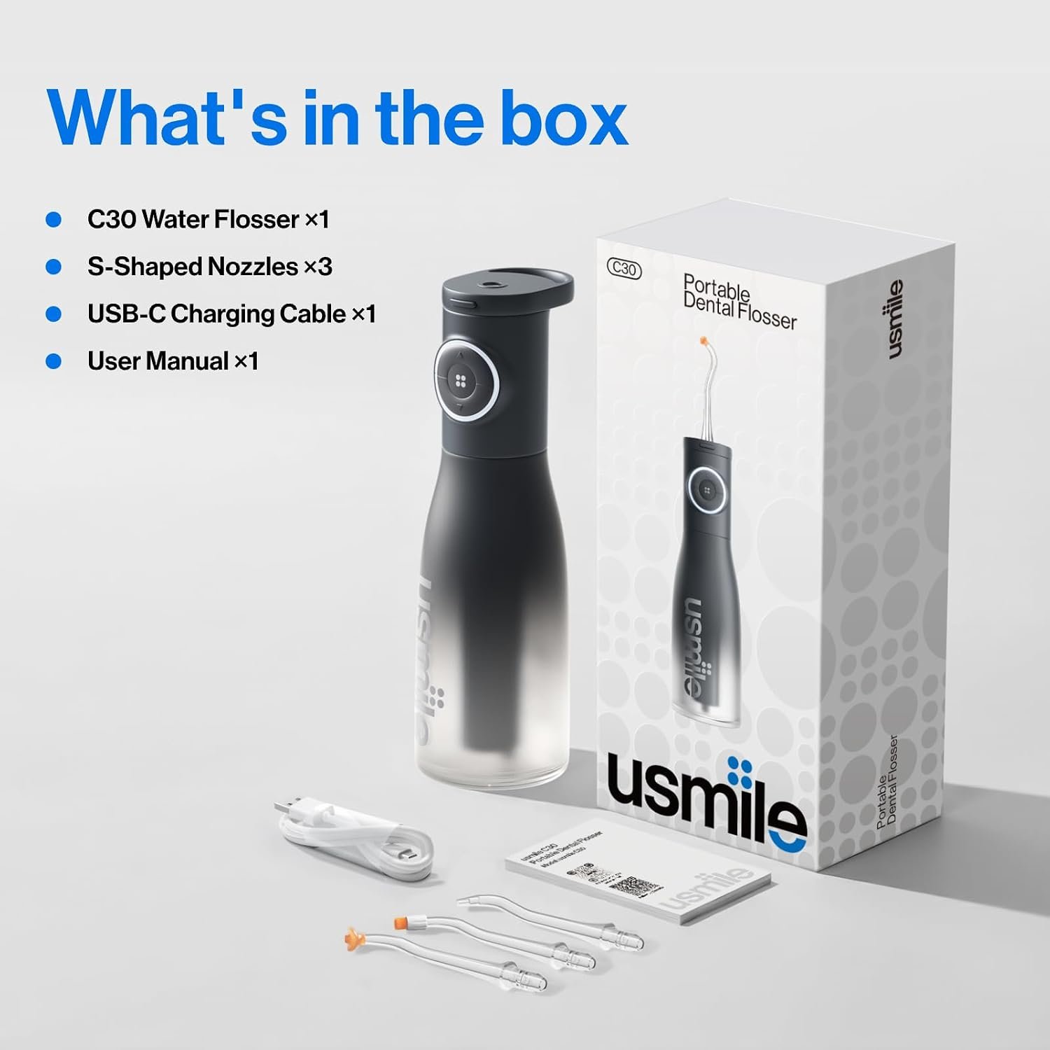 usmile C30 Cordless Water Flosser, 300ml Tank, 5 Modes, IPX7, Black | S-Shaped Nozzle, USB-C Rechargeable Portable Oral Irrigator for Braces, Sensitive Gums, Teeth Cleaner, Home & Travel - Image 9
