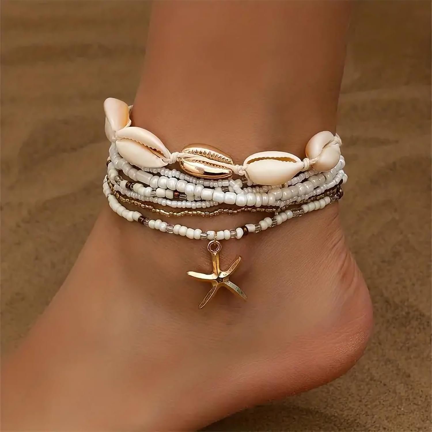 Qceasiy Shell Ankle Bracelets for Women, Boho Beaded Beach Anklet Set | Seashell, Heart, Starfish and Conch Styles, Gold-Tone, Stretch or Adjustable Fit, Layered Beach Vacation Jewelry Gifts - Image 5