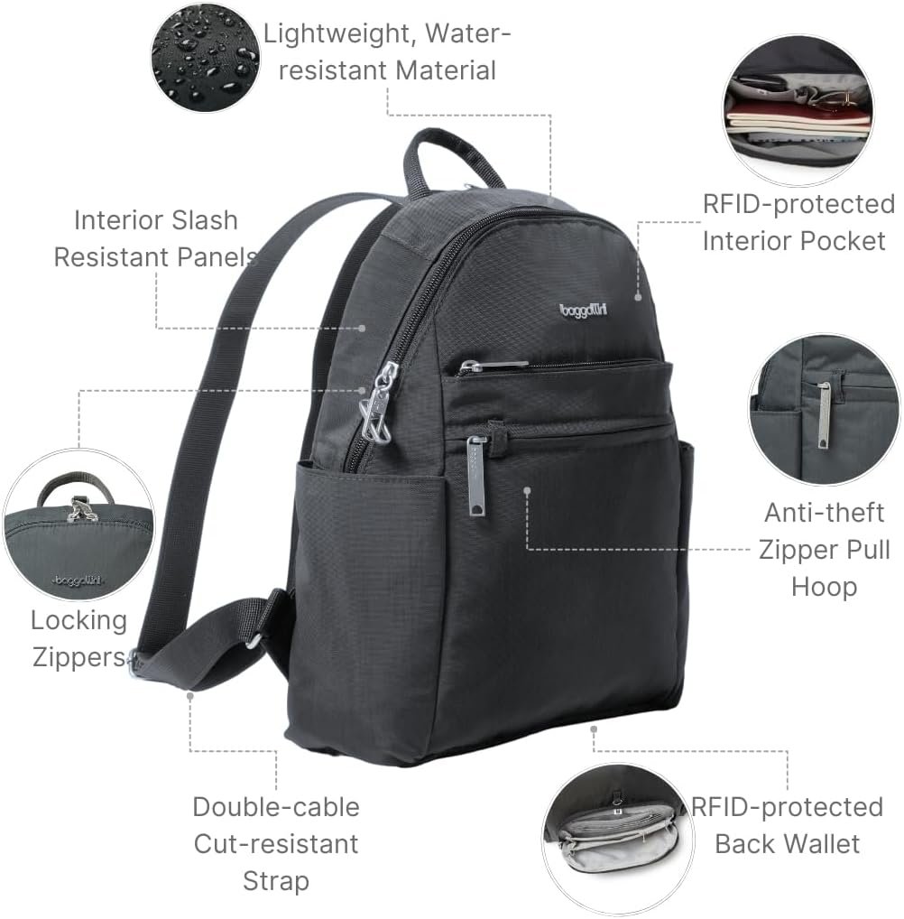 Baggallini Securtex® Anti-theft Vacation Travel Backpack 10x13 Slash-Resistant Nylon Daypack w/RFID, Charcoal - Image 3