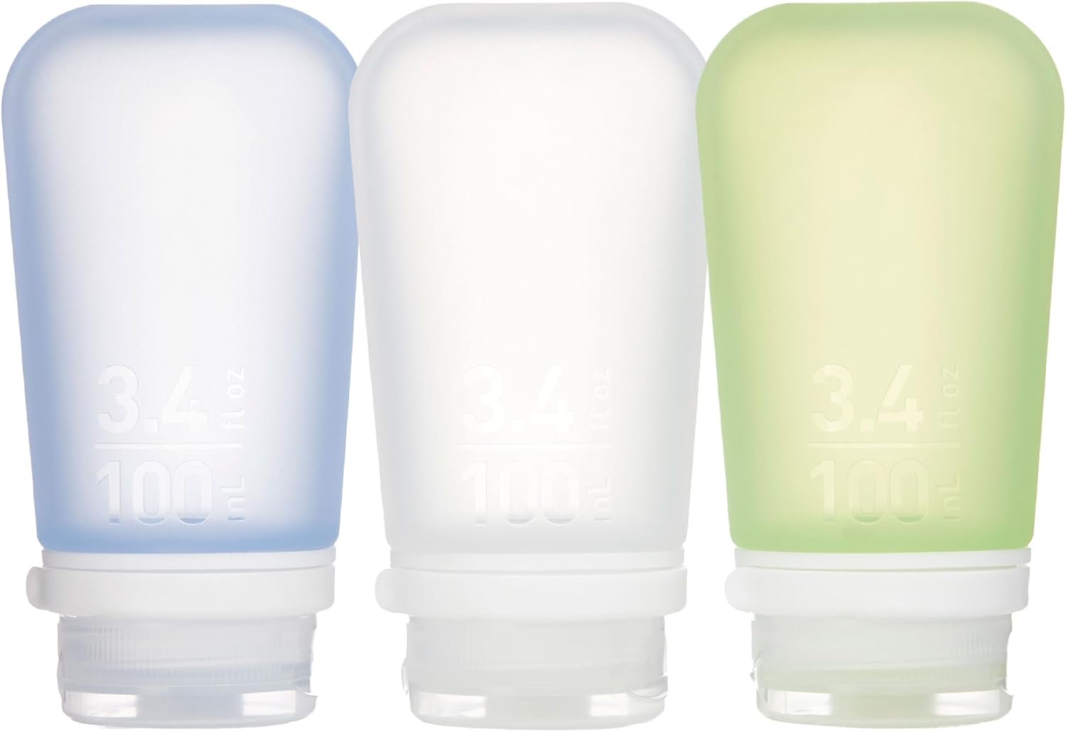 humangear GoToob+ 3-Pack, Large (3.4 fl oz), Clear/Green/Blue | Refillable & Leak-Proof Silicone Travel Size Bottles with Locking Cap for Toiletries, Camping & TSA Carry-On