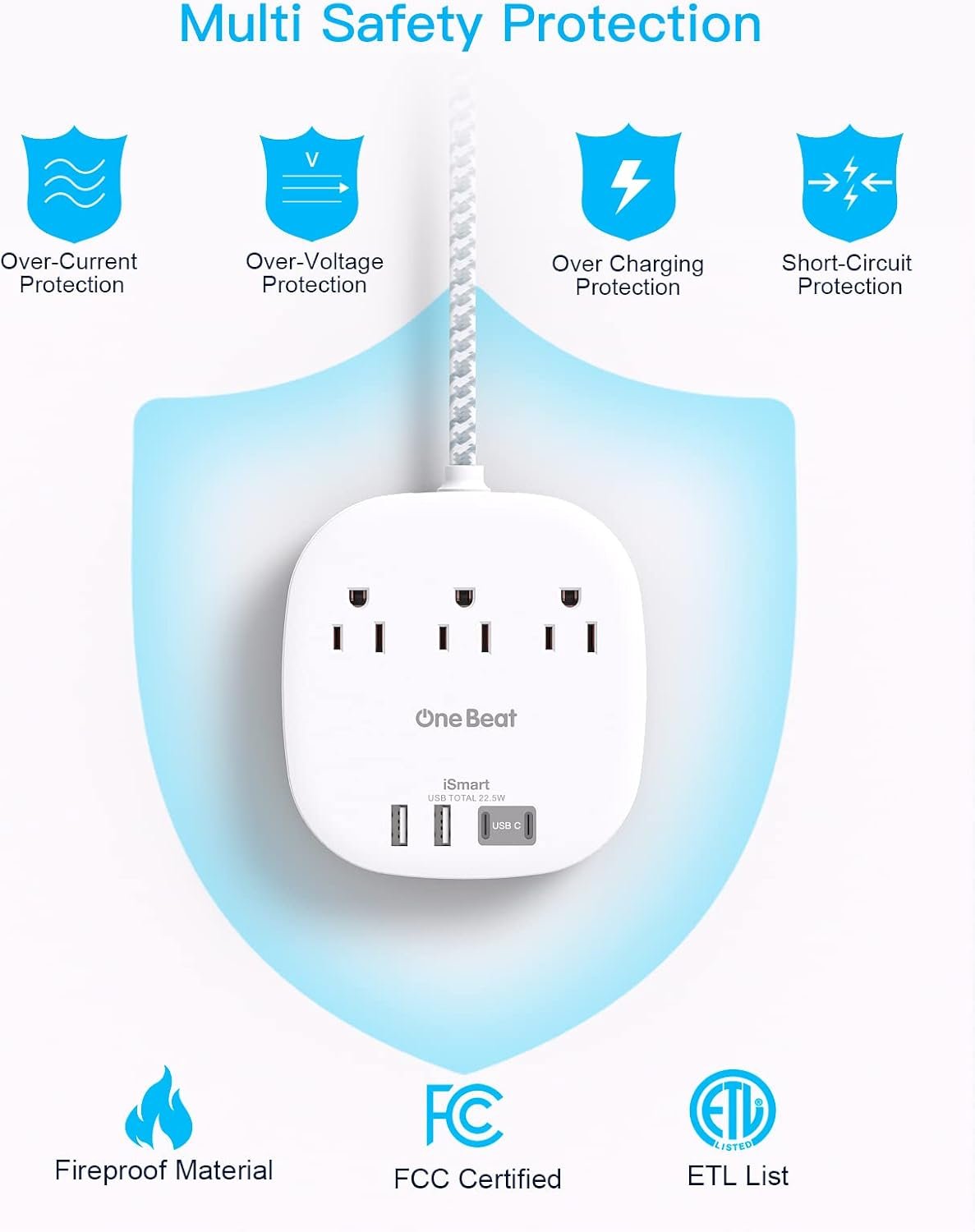 Travel Essentials, 22.5W/4.5A Flat Plug Power Strip, 6 Ft Extension Cord | 3 Outlets 4 USB Ports(2 USB C) Desktop Charging Station, Power Strip No Surge Protection for Cruise Ship, Dorm Room - Image 7