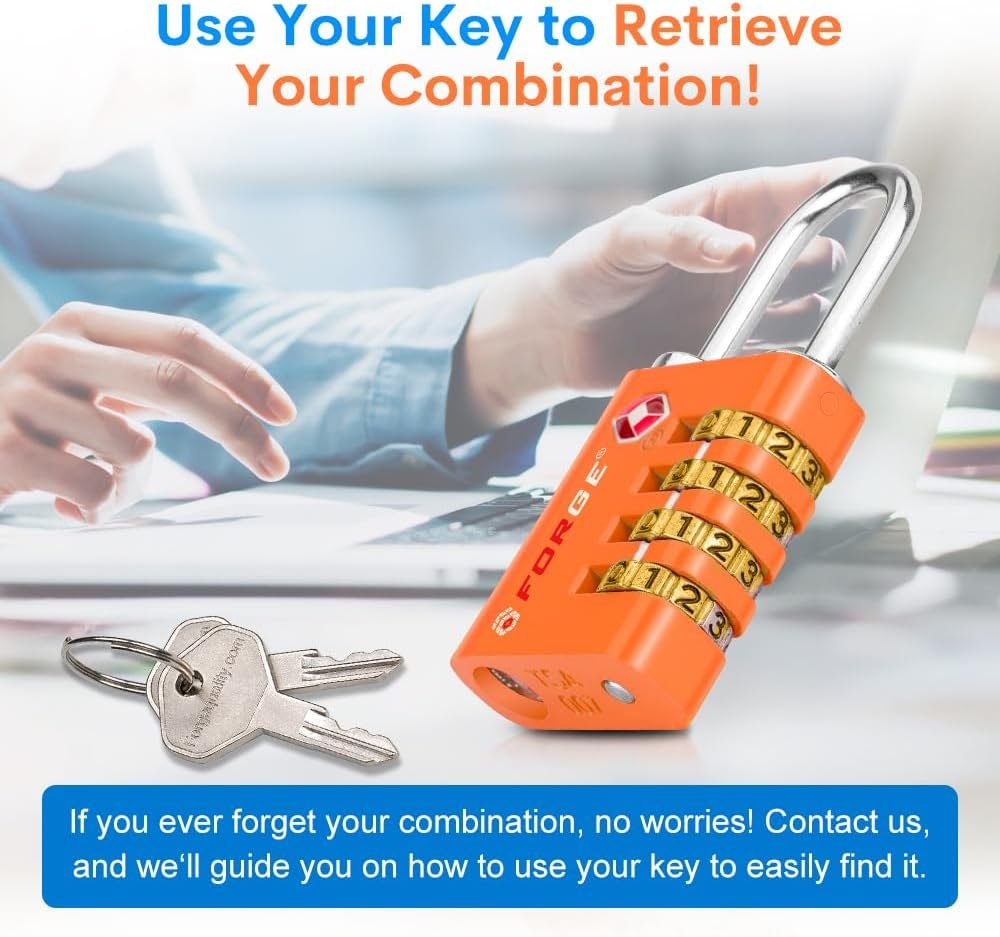 Forge Dual-Opening: Key or Combination Access Lock, TSA Approved Locks for Luggage, Pelican case, Travel, Gym, School, Stainless Steel Shackle.(Orange, 2 Pk) - Image 4