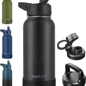 CIVAGO 32 oz Insulated Stainless Steel Water Bottle With Straw and 3 Lids | Large Metal Sports Water Jug, Leakproof Reusable Wide Mouth Thermal Flask Cup with Silicone Boot, BPA-Free, Black