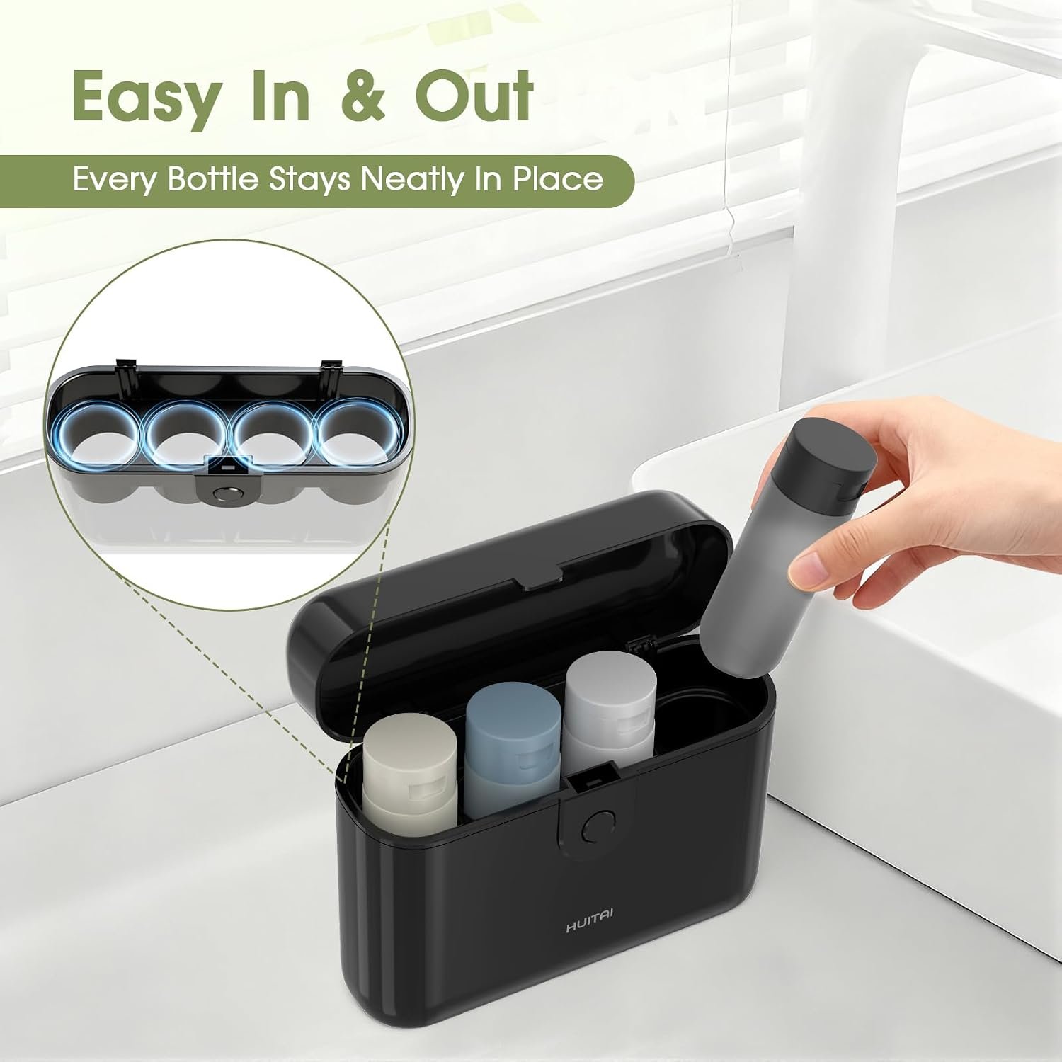 Travel Bottles TSA 4x2oz With Case Leak-Proof Black | Durable ABS hard case, press-to-unlock, 4 individual compartments, wide-mouth bottles for easy fill, leak-proof seals - Image 6