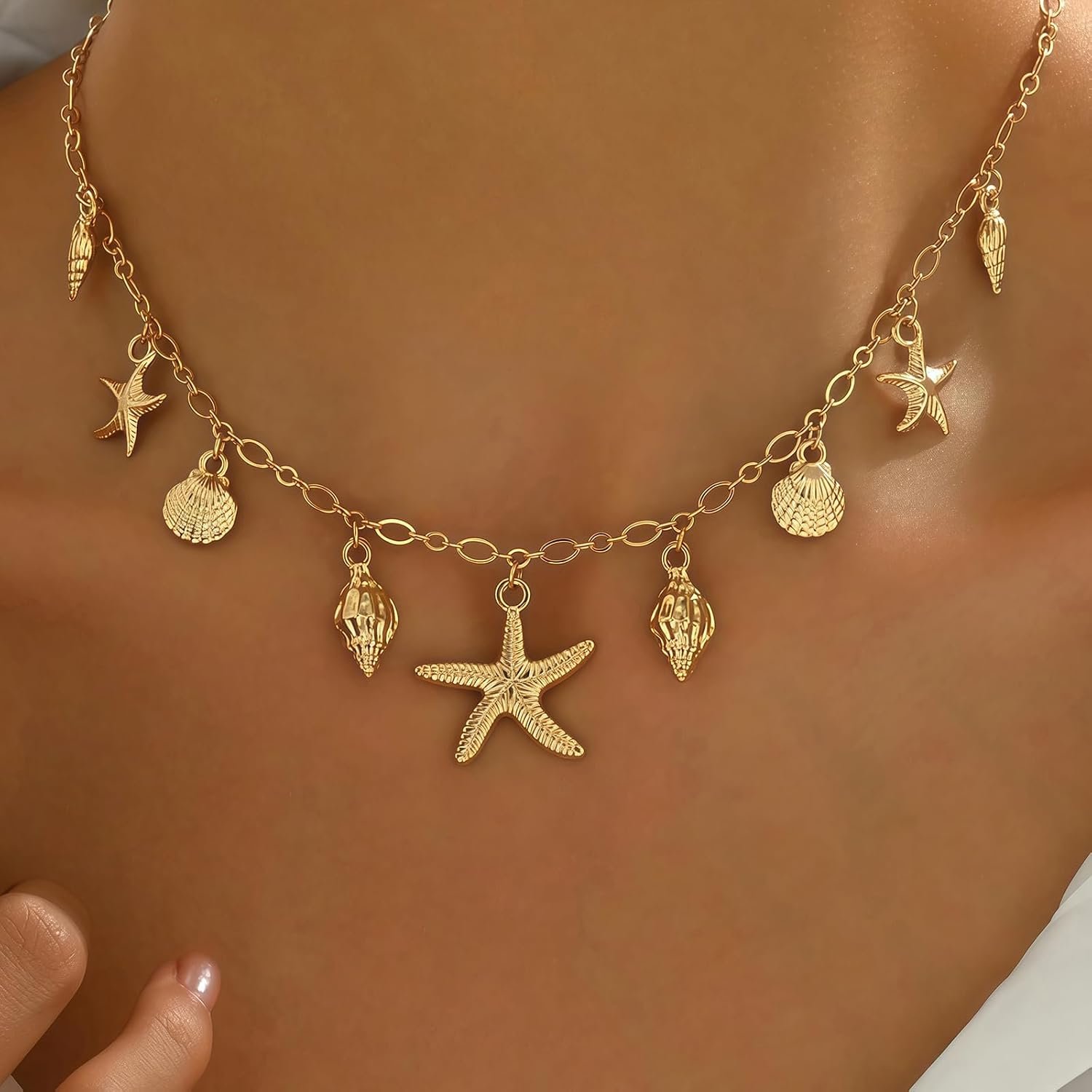 Nackiy Shell Starfish Necklace for Women, Boho Beach Vacation Jewelry | Gold Plated Layered Charm Necklace, Boho Bead Strands, Adjustable Fit, Pearl Shell Starfish Charms, Summer Jewelry Gift - Image 5