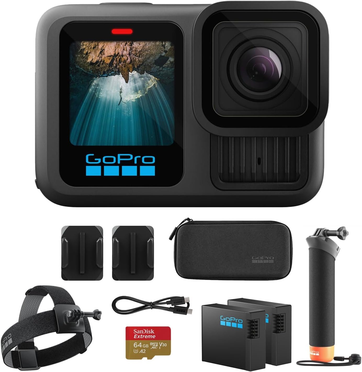 GoPro HERO13 Waterproof Action Camera (Black), 5.3K60 27MP, 2 Battery, Kit | GoPro bundle Includes Handler floating handgrip, 2 Enduro 1900mAh batteries, 64GB Extreme microSDXC card, Head Strap 2.0 Kit