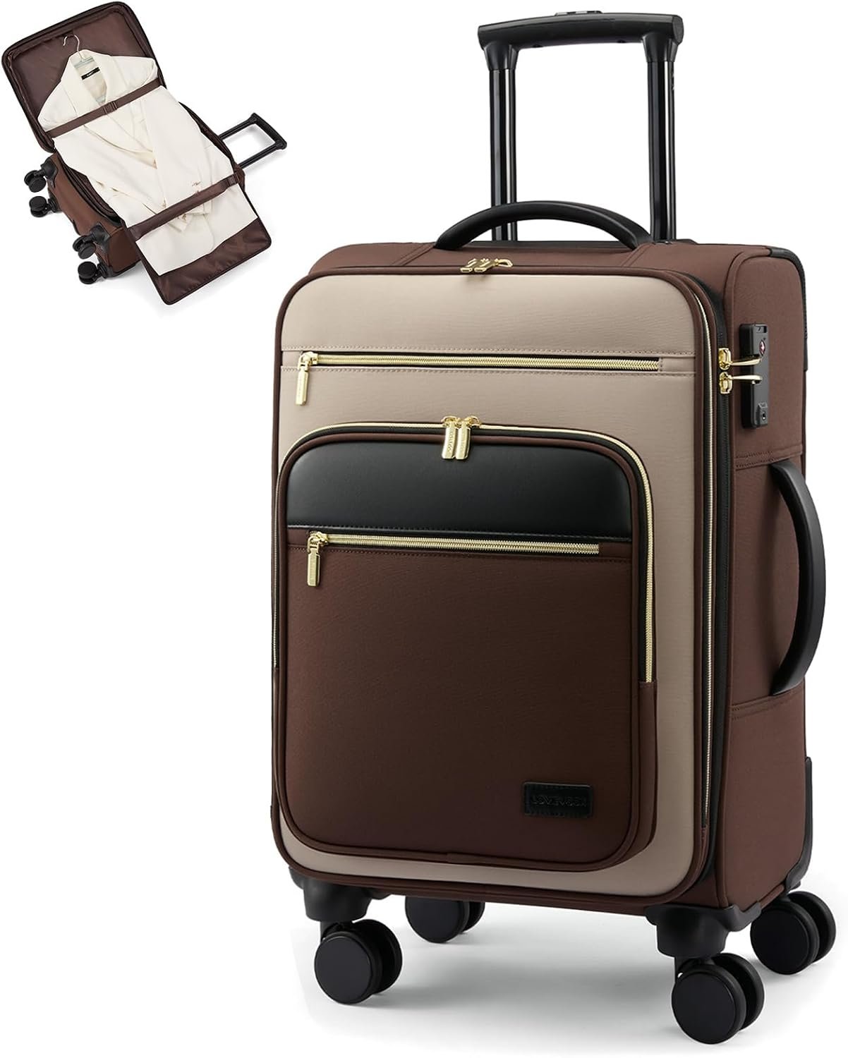 LOVEVOOK Carry on Suitcase 22x14x9 Airline Approved,20 inch Apricot-Coffee | Special Garment Compartment,Lightweight Waterproof, 360° Silent Swivel Wheels, TSA Lock and Compartment, Large Capacity