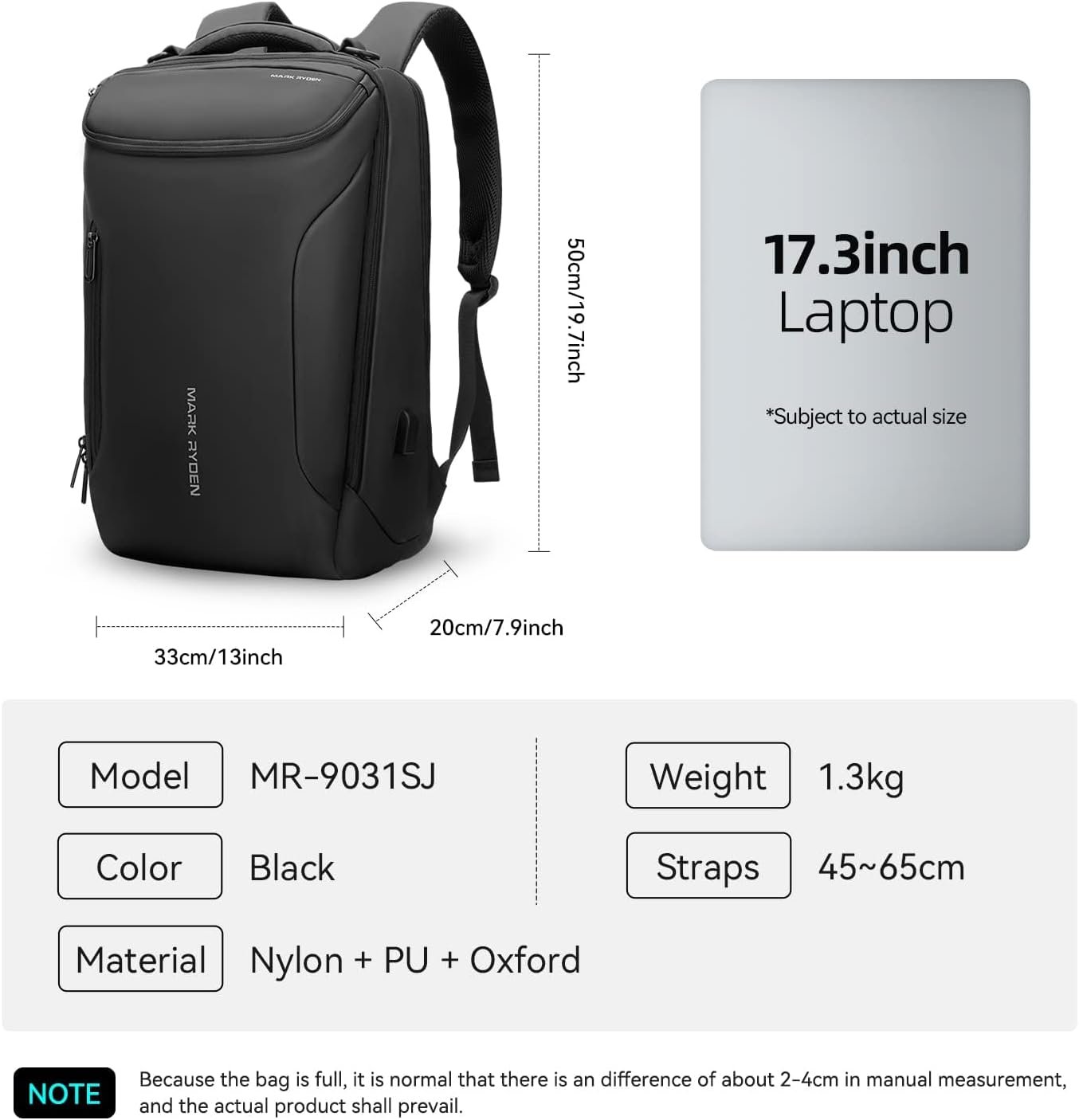 MARK RYDEN Business Backpack for Men, 17.3 Inch Laptop Backpack | Waterproof Tech Backpack with USB Charging Port, Professional Work Backpack for Travel, Office, College, Commuting, Hiking - Image 8