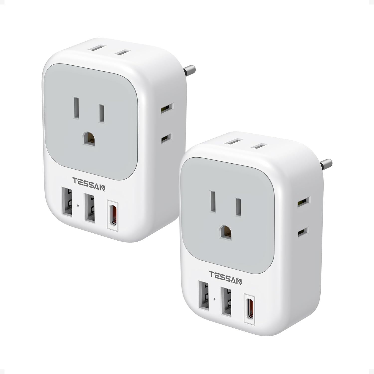 TESSAN 2 Pack European Travel Plug Adapter, Europe Power Converter | 4 Outlets 3 USB (1 USB C PD 20W), Type C International Plug, For Italy Spain France Portugal Iceland Germany