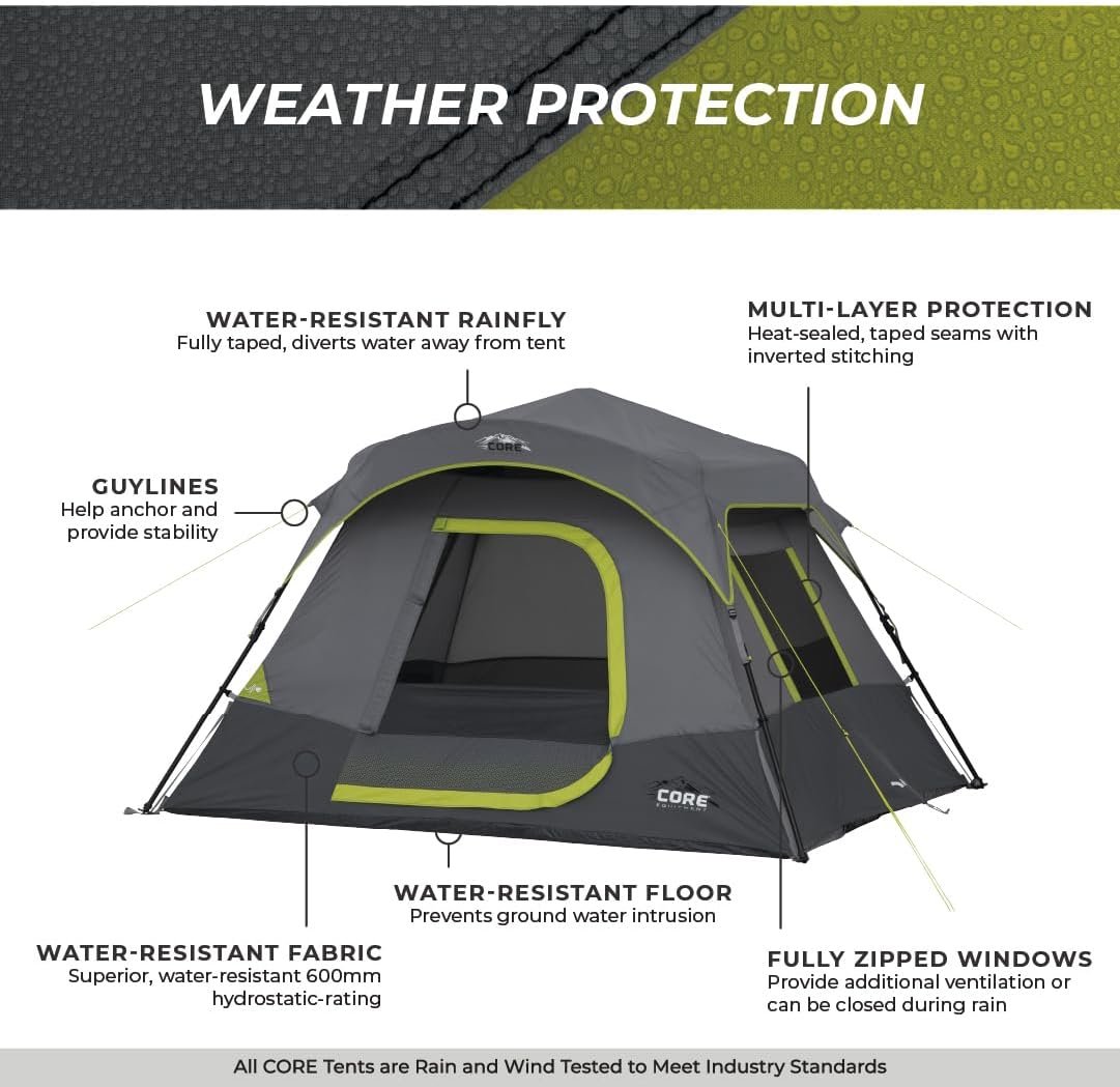 CORE 4 Person Instant Cabin Tent Camping Set | Includes 1 Pop Up Tent with 60 Second Setup, 1 Outdoor Table & 2 Camp Chairs | Perfect for Family Car Camping with Included Carry Bag - Image 6