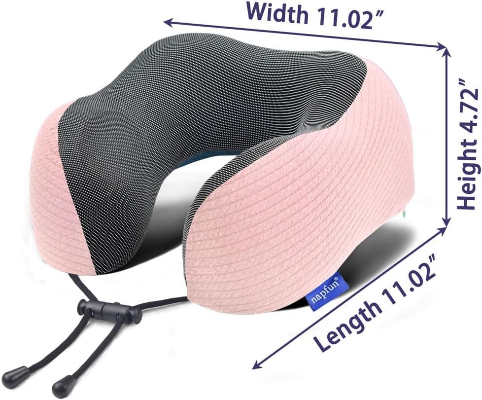 napfun Neck Pillow for Travel with Travel Pouch, Sleep Mask & Earplugs, Memory Foam Airplane Pillow for Headrest Sleep with Eyeshades, Plane Essentials with Eye Blindfold, Pink Striped Kit - Image 5