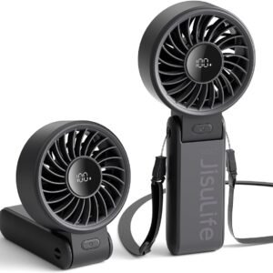 JISULIFE Portable Handheld Fan Life7: 3-in-1 Hand, Desk & Neck Fan-Black | 19.5H Max Cooling, 5-Speed, LED Display, 5000mAh Rechargeable,USB Foldable Fan for Travel/Concerts/Cruise/Sports Events/Gifts